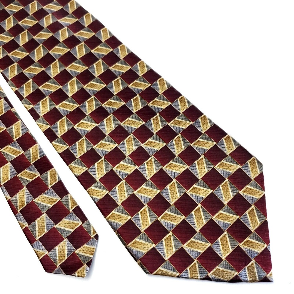 Van Heusen Red Tan Gray Print Wide Geometric Silk Tie